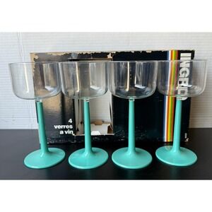 Vintage Ingrid Teal Long Stemmed Plastic‎ Wine Glass Set of 4 Retro Rare